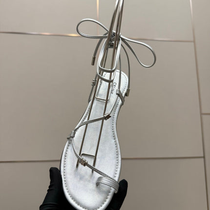 CELINE 26S TRIOMPHE LACE UP FLAT SANDALS IN SILVER CALFSKIN