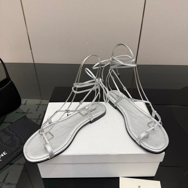 CELINE 26S TRIOMPHE LACE UP FLAT SANDALS IN SILVER CALFSKIN