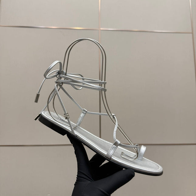 CELINE 26S TRIOMPHE LACE UP FLAT SANDALS IN SILVER CALFSKIN