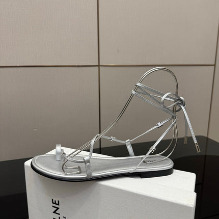 CELINE 26S TRIOMPHE LACE UP FLAT SANDALS IN SILVER CALFSKIN