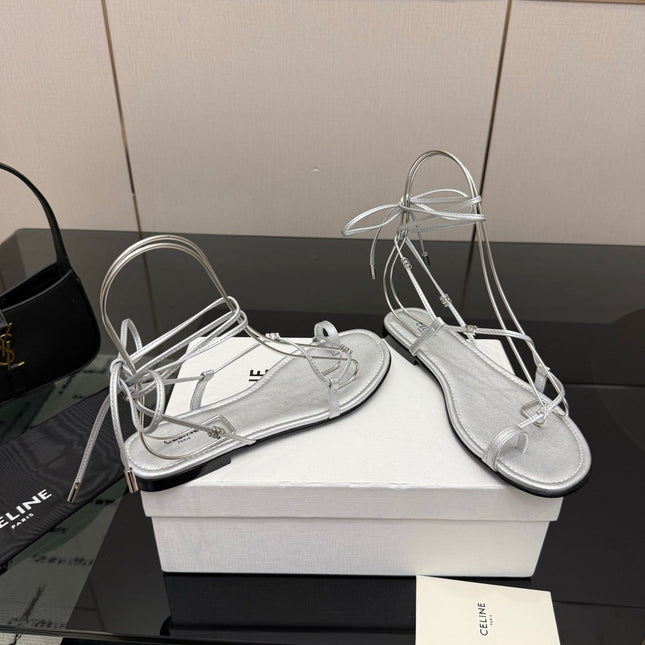 CELINE 26S TRIOMPHE LACE UP FLAT SANDALS IN SILVER CALFSKIN