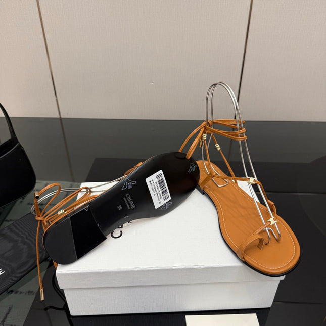 CELINE 26S TRIOMPHE LACE UP FLAT SANDALS IN TAN BROWN CALFSKIN
