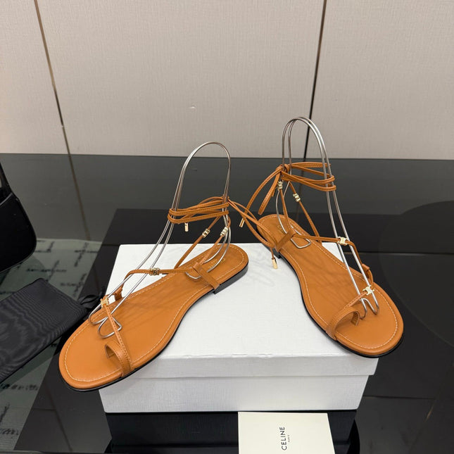 CELINE 26S TRIOMPHE LACE UP FLAT SANDALS IN TAN BROWN CALFSKIN