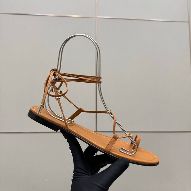CELINE 26S TRIOMPHE LACE UP FLAT SANDALS IN TAN BROWN CALFSKIN