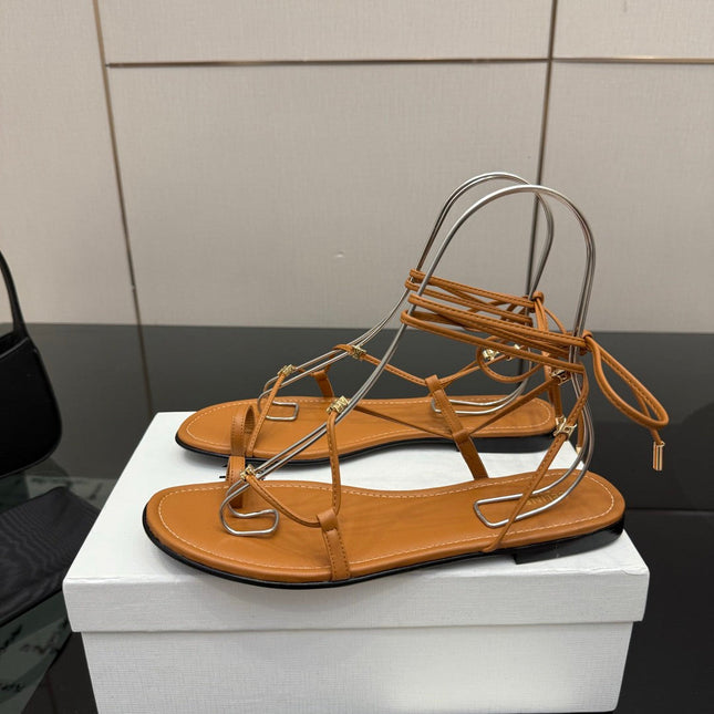 CELINE 26S TRIOMPHE LACE UP FLAT SANDALS IN TAN BROWN CALFSKIN
