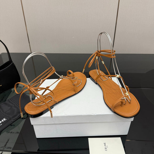 CELINE 26S TRIOMPHE LACE UP FLAT SANDALS IN TAN BROWN CALFSKIN