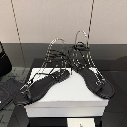 CELINE 26S TRIOMPHE LACE UP FLAT SANDALS IN BLACK CALFSKIN