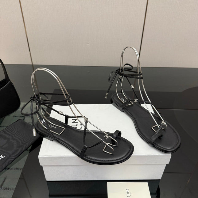 CELINE 26S TRIOMPHE LACE UP FLAT SANDALS IN BLACK CALFSKIN