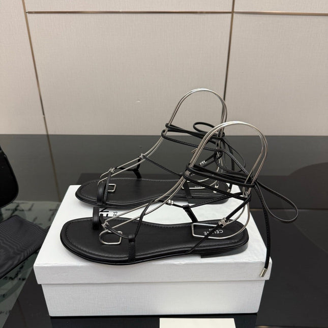 CELINE 26S TRIOMPHE LACE UP FLAT SANDALS IN BLACK CALFSKIN