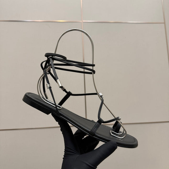 CELINE 26S TRIOMPHE LACE UP FLAT SANDALS IN BLACK CALFSKIN