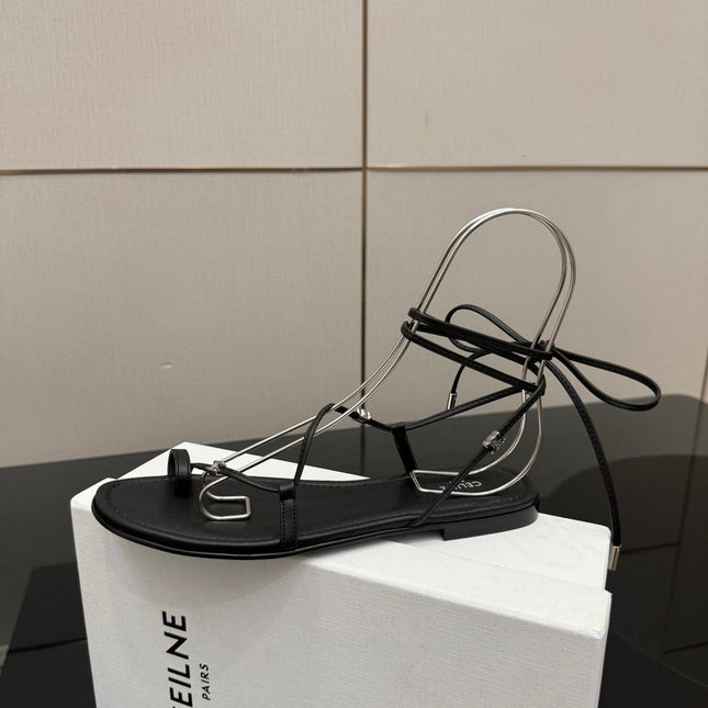 CELINE 26S TRIOMPHE LACE UP FLAT SANDALS IN BLACK CALFSKIN