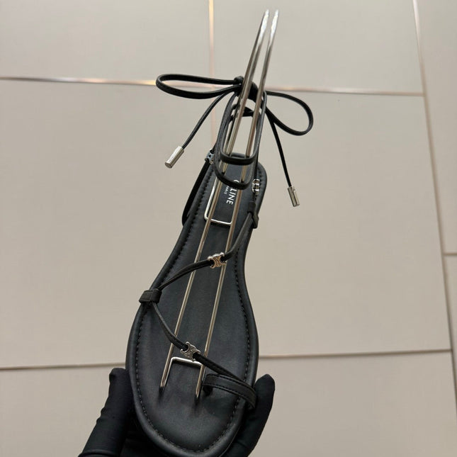 CELINE 26S TRIOMPHE LACE UP FLAT SANDALS IN BLACK CALFSKIN