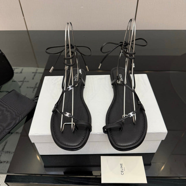 CELINE 26S TRIOMPHE LACE UP FLAT SANDALS IN BLACK CALFSKIN