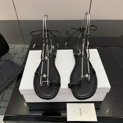 CELINE 26S TRIOMPHE LACE UP FLAT SANDALS IN BLACK CALFSKIN