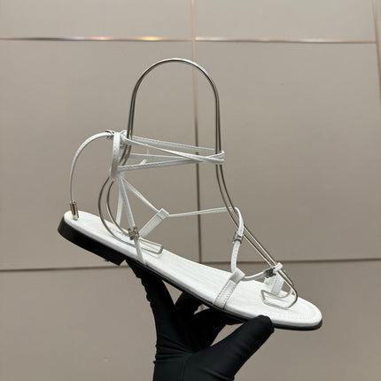 CELINE 26S TRIOMPHE LACE UP FLAT SANDALS IN WHITE CALFSKIN