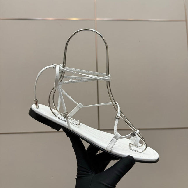 CELINE 26S TRIOMPHE LACE UP FLAT SANDALS IN WHITE CALFSKIN