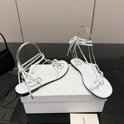 CELINE 26S TRIOMPHE LACE UP FLAT SANDALS IN WHITE CALFSKIN