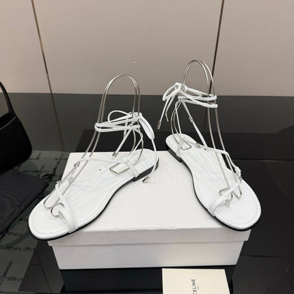 CELINE 26S TRIOMPHE LACE UP FLAT SANDALS IN WHITE CALFSKIN
