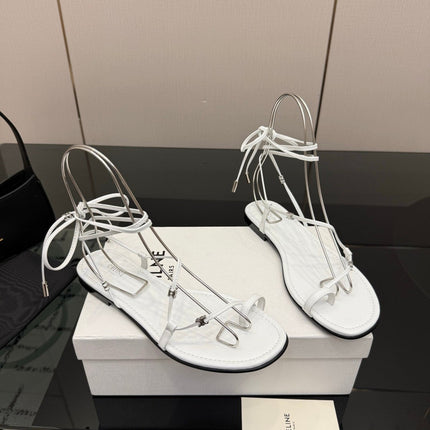 CELINE 26S TRIOMPHE LACE UP FLAT SANDALS IN WHITE CALFSKIN