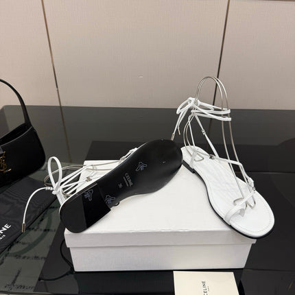 CELINE 26S TRIOMPHE LACE UP FLAT SANDALS IN WHITE CALFSKIN