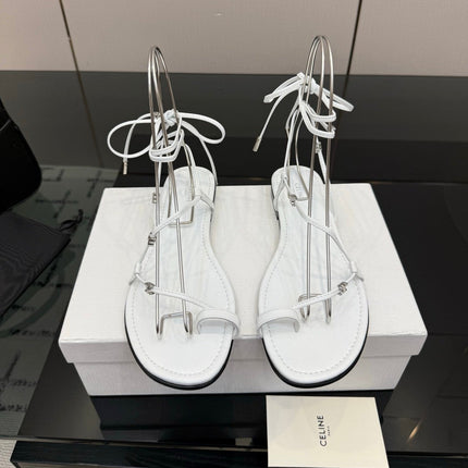 CELINE 26S TRIOMPHE LACE UP FLAT SANDALS IN WHITE CALFSKIN