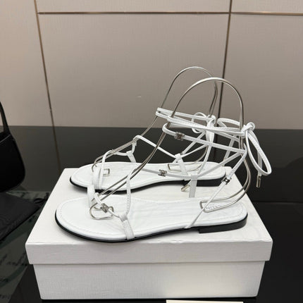 CELINE 26S TRIOMPHE LACE UP FLAT SANDALS IN WHITE CALFSKIN