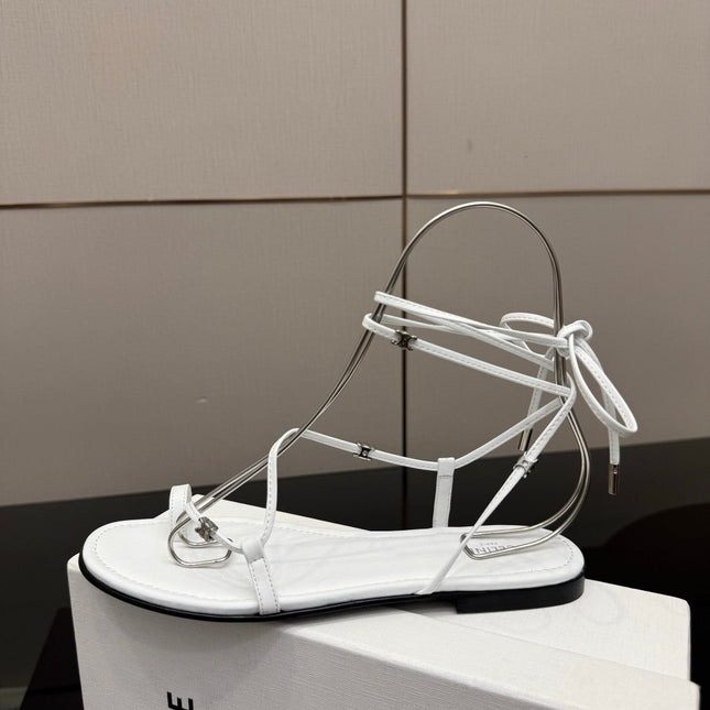 CELINE 26S TRIOMPHE LACE UP FLAT SANDALS IN WHITE CALFSKIN