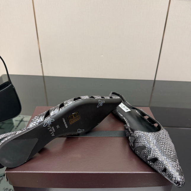 ALAIA 26S CUT-OUT SLINGBACK FLATS IN BLACK PYTHON-EMBOSSED LEATHER