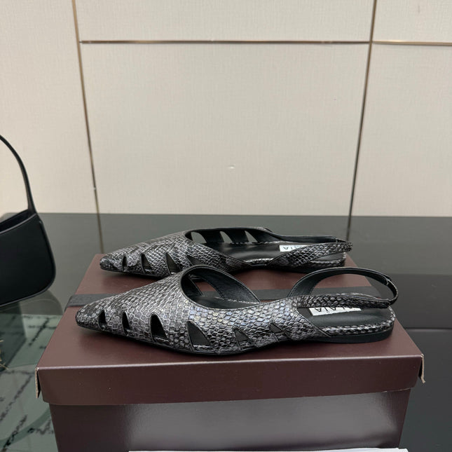ALAIA 26S CUT-OUT SLINGBACK FLATS IN BLACK PYTHON-EMBOSSED LEATHER