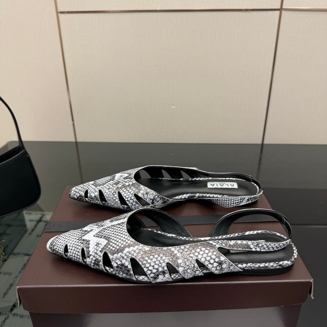 ALAIA 26S CUT-OUT SLINGBACK FLATS IN PYTHON-EMBOSSED LEATHER