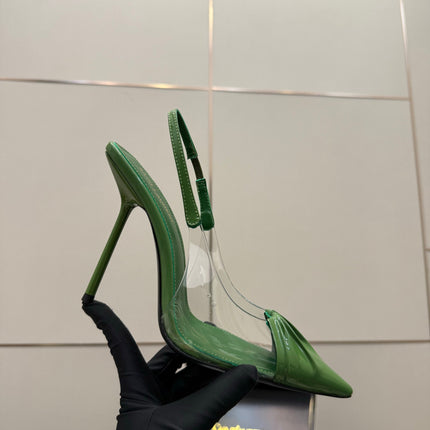 YSL 26S PLEATED SLINGBACK HEELS 105 MM IN GREEN GLOSSY CALFSKIN AND PVC
