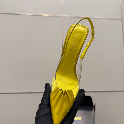 YSL 26S PLEATED SLINGBACK HEELS 105 MM IN YELLOW GLOSSY CALFSKIN AND PVC