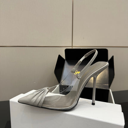 YSL 26S PLEATED SLINGBACK HEELS 105 MM IN GREY GLOSSY CALFSKIN AND PVC