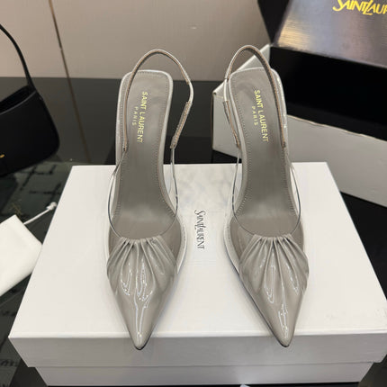 YSL 26S PLEATED SLINGBACK HEELS 105 MM IN GREY GLOSSY CALFSKIN AND PVC