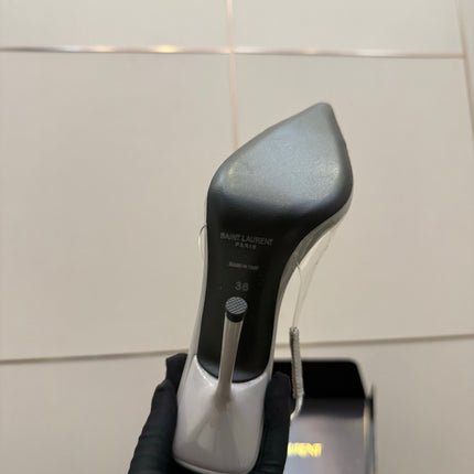 YSL 26S PLEATED SLINGBACK HEELS 105 MM IN GREY GLOSSY CALFSKIN AND PVC