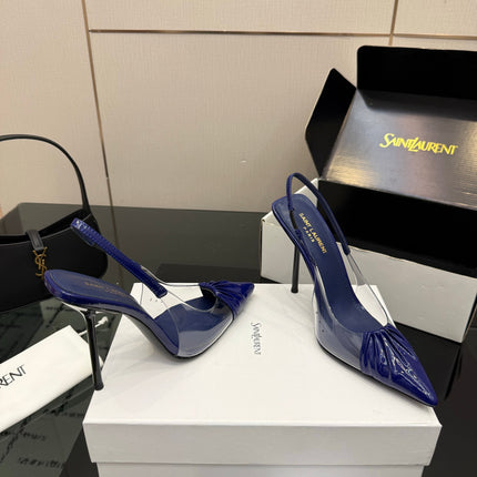 YSL 26S PLEATED SLINGBACK HEELS 105 MM IN NAVY BLUE GLOSSY CALFSKIN AND PVC