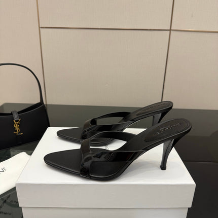 YSL 26S POINTED-TOE SANDALS 90 MM IN BLACK CALFSKIN
