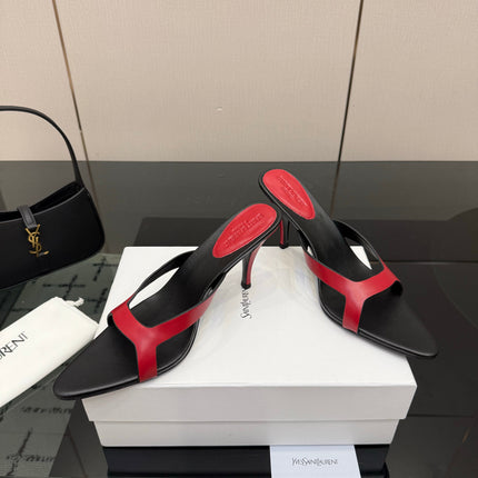 YSL 26S POINTED-TOE SANDALS 90 MM IN RED AND BLACK CALFSKIN