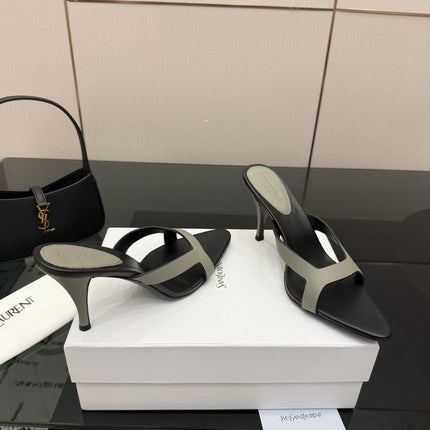 YSL 26S POINTED-TOE SANDALS 90 MM IN GREY AND BLACK CALFSKIN