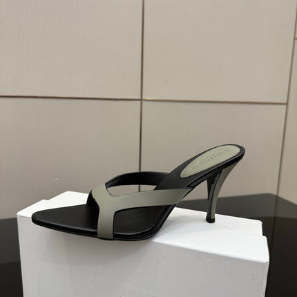 YSL 26S POINTED-TOE SANDALS 90 MM IN GREY AND BLACK CALFSKIN