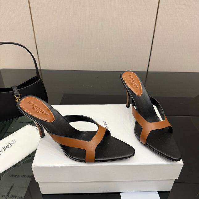 YSL 26S POINTED-TOE SANDALS 90 MM IN BROWN AND BLACK CALFSKIN