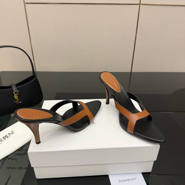 YSL 26S POINTED-TOE SANDALS 90 MM IN BROWN AND BLACK CALFSKIN