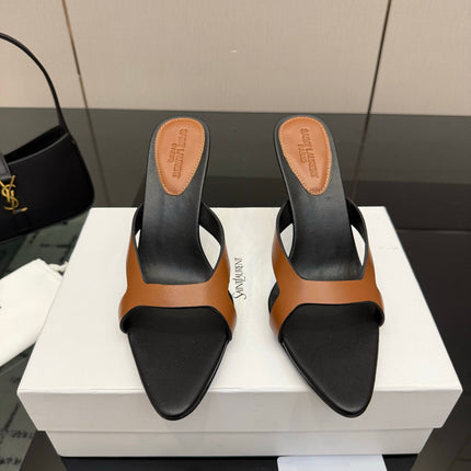YSL 26S POINTED-TOE SANDALS 90 MM IN BROWN AND BLACK CALFSKIN