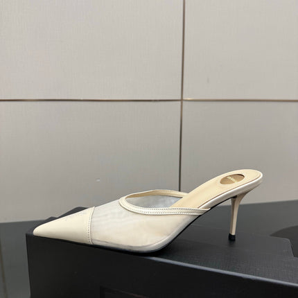 YSL 26S HIGH-HEEL MULES IN BEIGE CALFSKIN AND MESH FABRIC