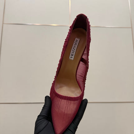 AQUAZZURA 26S OPTIC PUMPS 100 MM IN DARK RED PLEATED MESH & SATIN