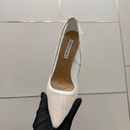 AQUAZZURA 26S OPTIC PUMPS 100 MM IN WHITE PLEATED MESH & SATIN