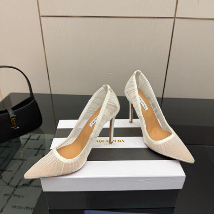 AQUAZZURA 26S OPTIC PUMPS 100 MM IN WHITE PLEATED MESH & SATIN