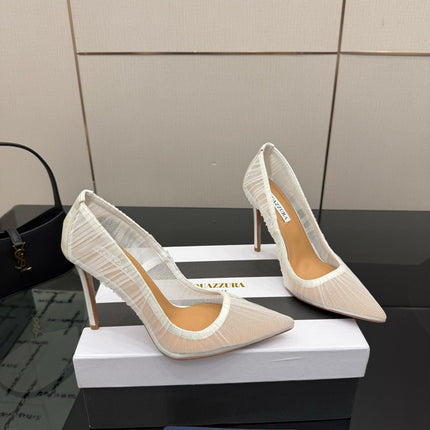 AQUAZZURA 26S OPTIC PUMPS 100 MM IN WHITE PLEATED MESH & SATIN