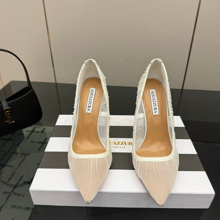 AQUAZZURA 26S OPTIC PUMPS 100 MM IN WHITE PLEATED MESH & SATIN
