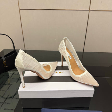 AQUAZZURA 26S OPTIC PUMPS 100 MM IN WHITE PLEATED MESH & SATIN